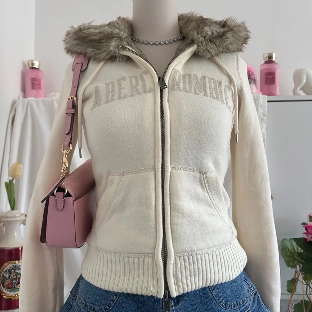 Y2K Abercrombie & Fitch Faux Fur Lined Full Zip Jacket Cream Size Medium RARE - Picture 3 of 10